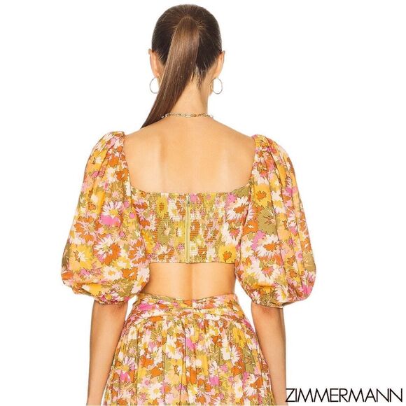 ZIMMERMANN Violet Twist Front Puff Sleeve Crop Top in Khaki Multi Floral - Picture 4 of 16